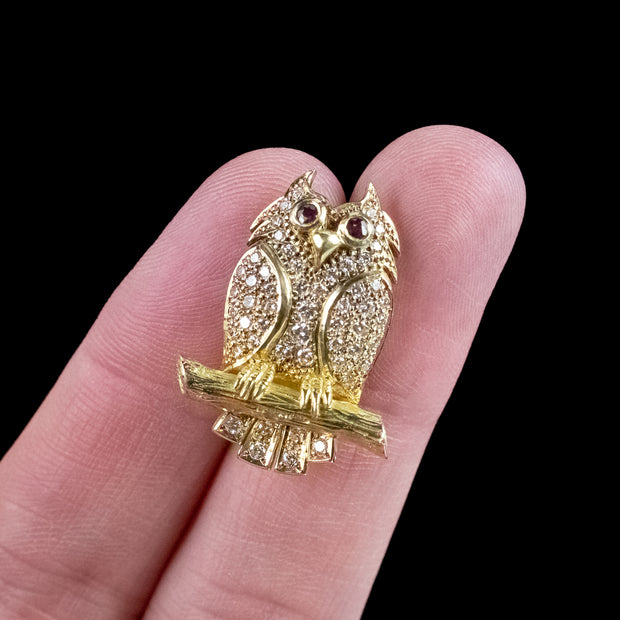 Vintage Diamond Ruby Owl Brooch 18ct Gold 