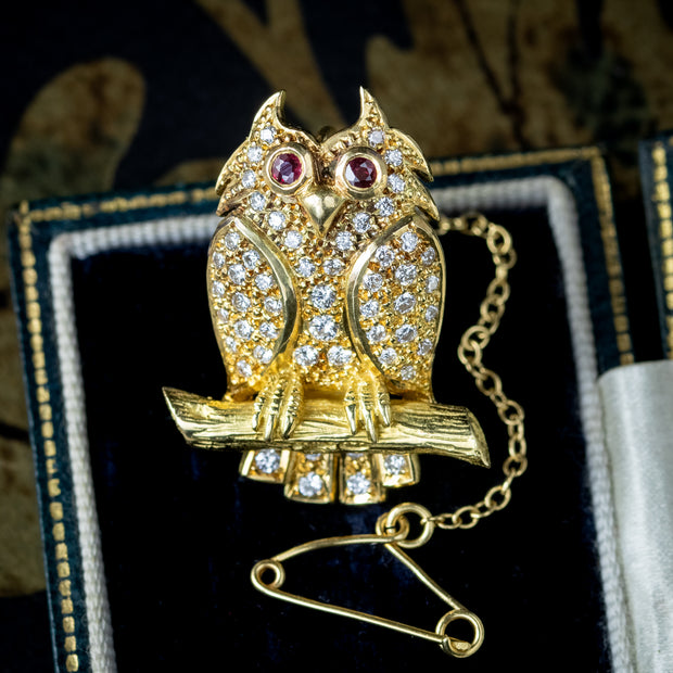 Vintage Diamond Ruby Owl Brooch 18ct Gold 