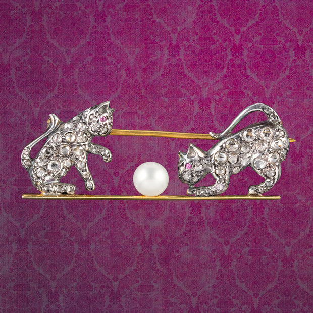 Victorian Style Diamond Cat Brooch Ruby Pearl 18ct Gold Silver 1.8ct Total