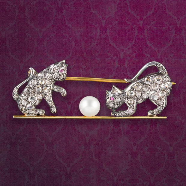 Victorian Style Pearl Diamond Cat Brooch 18ct Gold Silver