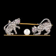 Victorian Style Diamond Cat Brooch Ruby Pearl 18ct Gold Silver 1.8ct Total