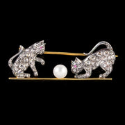 Victorian Style Pearl Diamond Cat Brooch 18ct Gold Silver