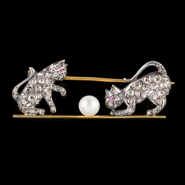 Victorian Style Pearl Diamond Cat Brooch 18ct Gold Silver