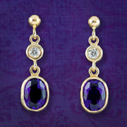 Edwardian Style Amethyst Diamond Drop Earrings 9ct Gold