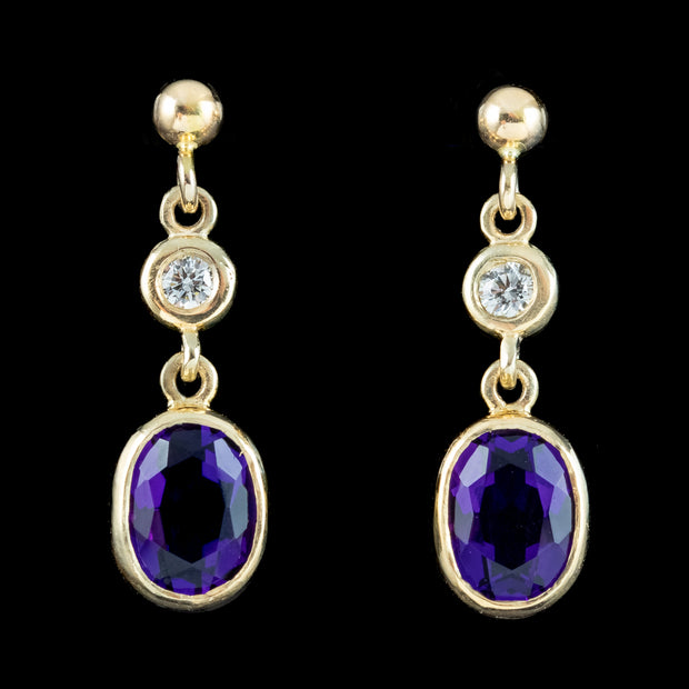 Edwardian Style Amethyst Diamond Drop Earrings 9ct Gold