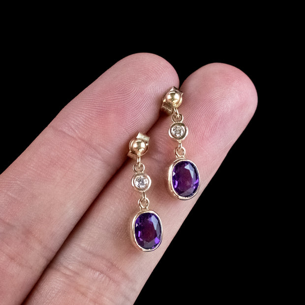 Edwardian Style Amethyst Diamond Drop Earrings 9ct Gold