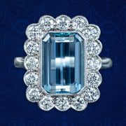 Edwardian Style Aquamarine Diamond Cluster Ring 3.93ct Aqua