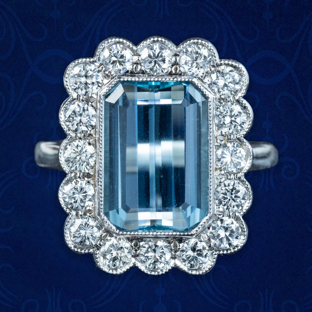 Edwardian Style Aquamarine Diamond Cluster Ring 3.93ct Aqua