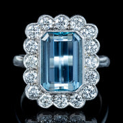 Edwardian Style Aquamarine Diamond Cluster Ring 3.93ct Aqua