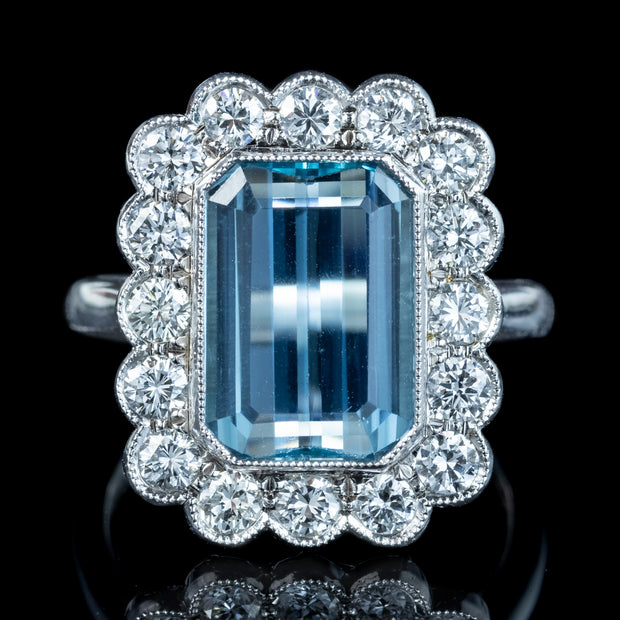 Edwardian Style Aquamarine Diamond Cluster Ring 3.93ct Aqua