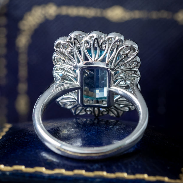 Edwardian Style Aquamarine Diamond Cluster Ring 3.93ct Aqua