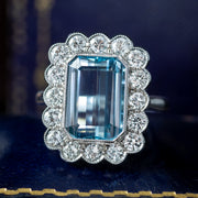 Edwardian Style Aquamarine Diamond Cluster Ring 3.93ct Aqua