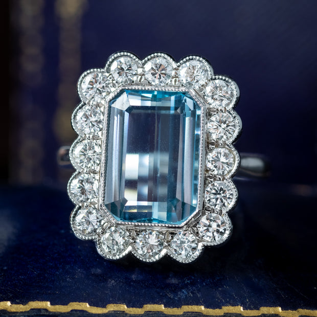 Edwardian Style Aquamarine Diamond Cluster Ring 3.93ct Aqua