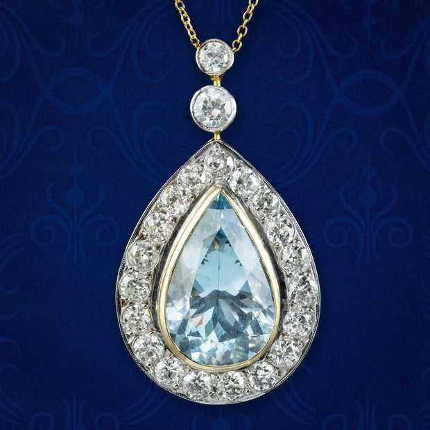 Edwardian Style Aquamarine Diamond Pendant Necklace 7ct Aqua