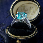 Edwardian Style Blue Zircon Diamond Solitaire Ring 5ct Zircon