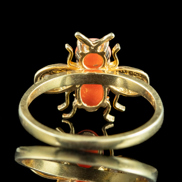 Edwardian Style Coral Pearl Bee Ring 