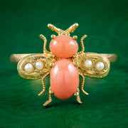 Edwardian Style Coral Pearl Bee Ring 