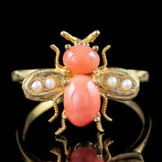 Edwardian Style Coral Pearl Bee Ring 