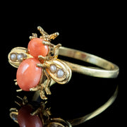 Edwardian Style Coral Pearl Bee Ring 