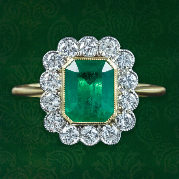 Edwardian Style Emerald Diamond Cluster Ring 2.13ct Emerald