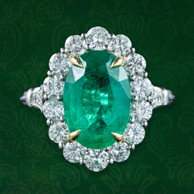 Edwardian Style Emerald Diamond Cluster Ring 3.69ct Emerald