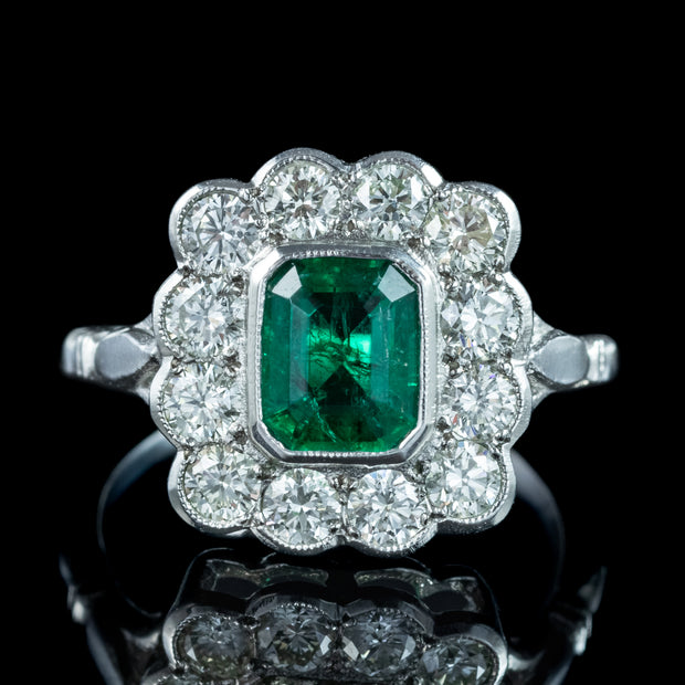 Edwardian Style Emerald Diamond Cluster Ring 1.10ct Emerald