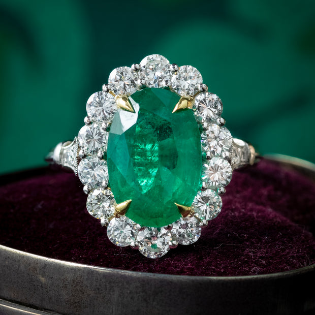 Edwardian Style Emerald Diamond Cluster Ring 3.69ct Emerald