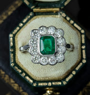Edwardian Style Emerald Diamond Cluster Ring 1.10ct Emerald