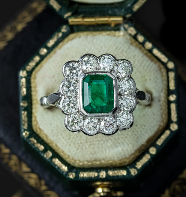 Edwardian Style Emerald Diamond Cluster Ring 1.10ct Emerald