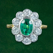 Edwardian Style Emerald Diamond Daisy Cluster Ring 1.10ct Emerald 