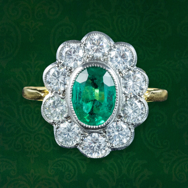Edwardian Style Emerald Diamond Daisy Cluster Ring 1.10ct Emerald 