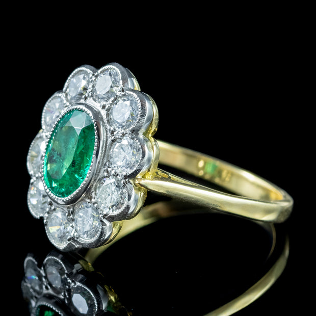 Edwardian Style Emerald Diamond Daisy Cluster Ring 1.10ct Emerald 