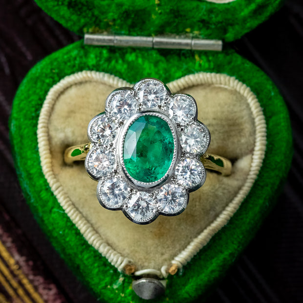 Edwardian Style Emerald Diamond Daisy Cluster Ring 1.10ct Emerald 