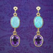 Edwardian Style Opal Amethyst Drop Earrings 9ct Gold
