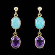 Edwardian Style Opal Amethyst Drop Earrings 9ct Gold