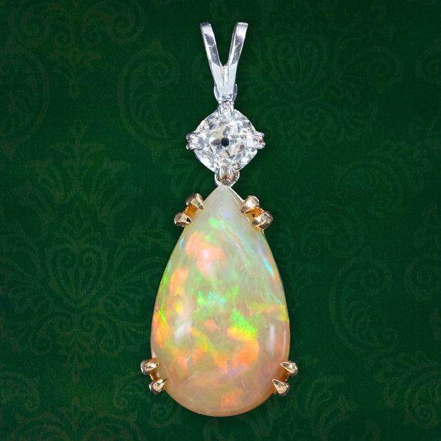 Edwardian Style Opal Diamond Pendant 18ct Gold 5.46ct Opal