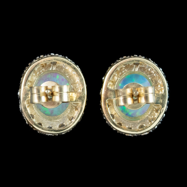 Victorian Style Opal Diamond Stud Earrings 9ct Gold 