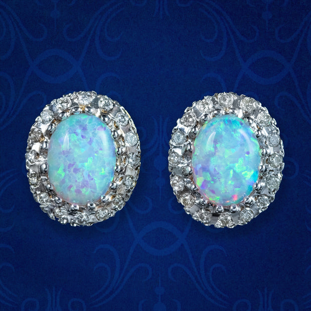 Victorian Style Opal Diamond Stud Earrings 9ct Gold 