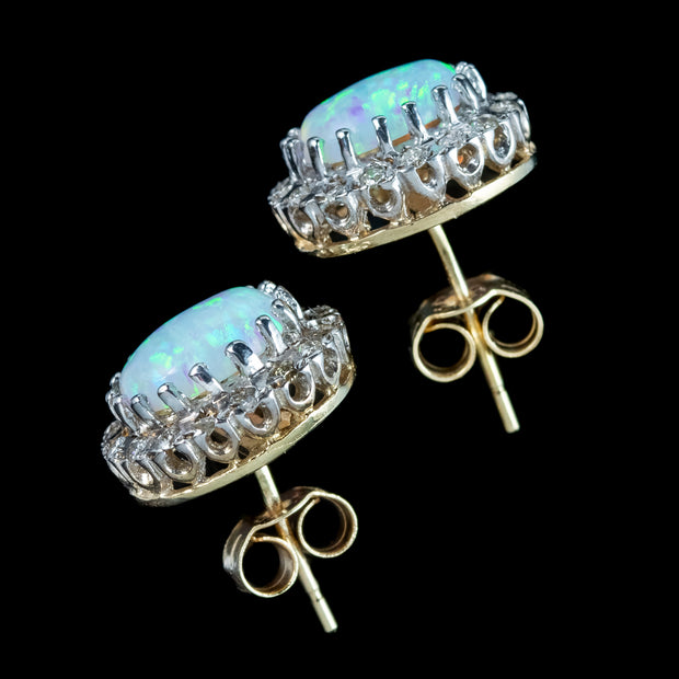 Victorian Style Opal Diamond Stud Earrings 9ct Gold 