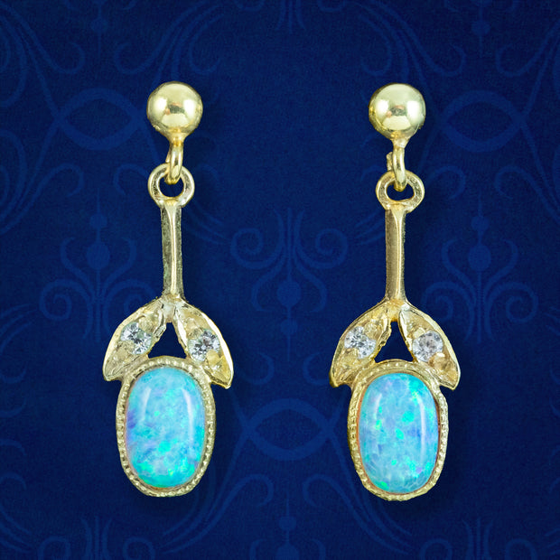 Edwardian Style Opal Drop Earrings Silver 18ct Gold Gilt