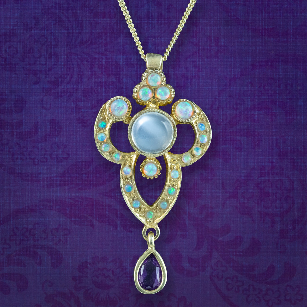 Edwardian Style Opal Moonstone Amethyst Pendant Necklace