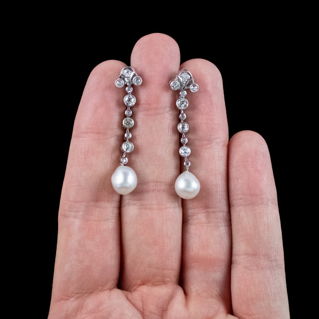 Edwardian Style Pearl Diamond Drop Earrings 18ct Gold 1.3ct Total