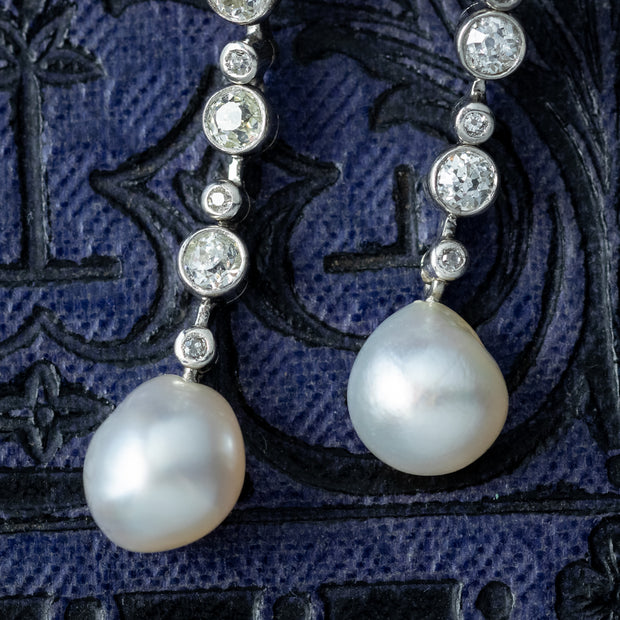 Edwardian Style Pearl Diamond Drop Earrings 18ct Gold 1.3ct Total