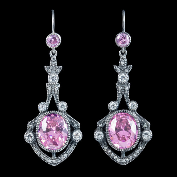 Edwardian Style Pink Cz Drop Earrings Sterling Silver