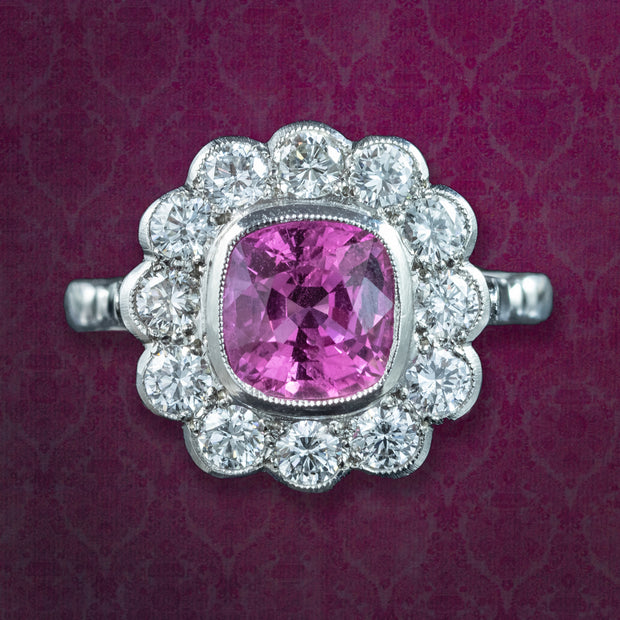 Edwardian Style Pink Sapphire Diamond Cluster Ring 2.2ct Sapphire