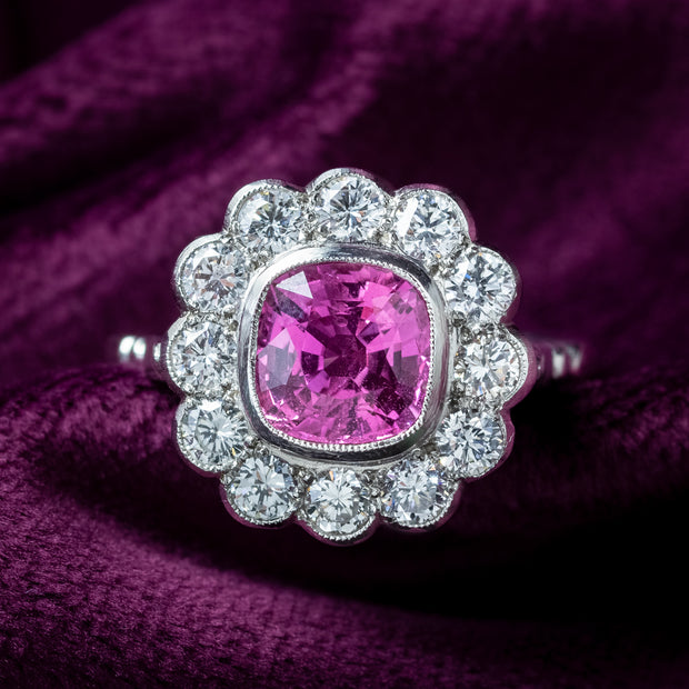 Edwardian Style Pink Sapphire Diamond Cluster Ring 2.2ct Sapphire