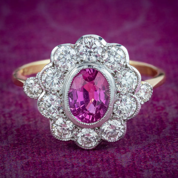 Edwardian Style Pink Sapphire Diamond Daisy Cluster Ring 1ct Sapphire