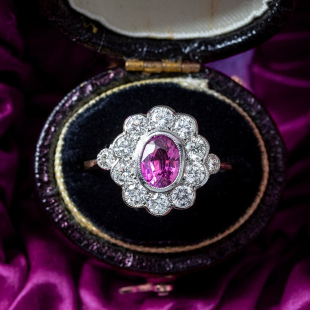 Edwardian Style Pink Sapphire Diamond Daisy Cluster Ring 1ct Sapphire