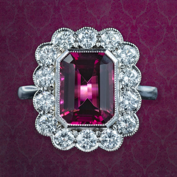 Edwardian Style Pink Tourmaline Diamond Cluster Ring 3.10ct Tourmaline 