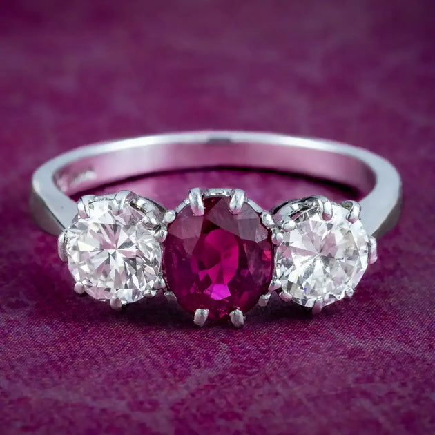 Ruby Diamond Stage Edwardian Style Ruby Diamond Trilogy Ring 0.90ct Ruby 1.6ct Diamond ...